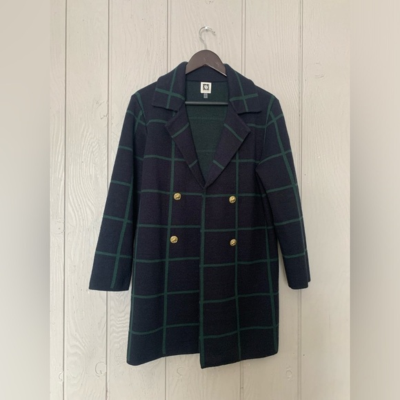 Anne Klein Jackets & Blazers - Anne Klein Green Navy Plaid Open Front Cardigan jacket gold buttons Size Small